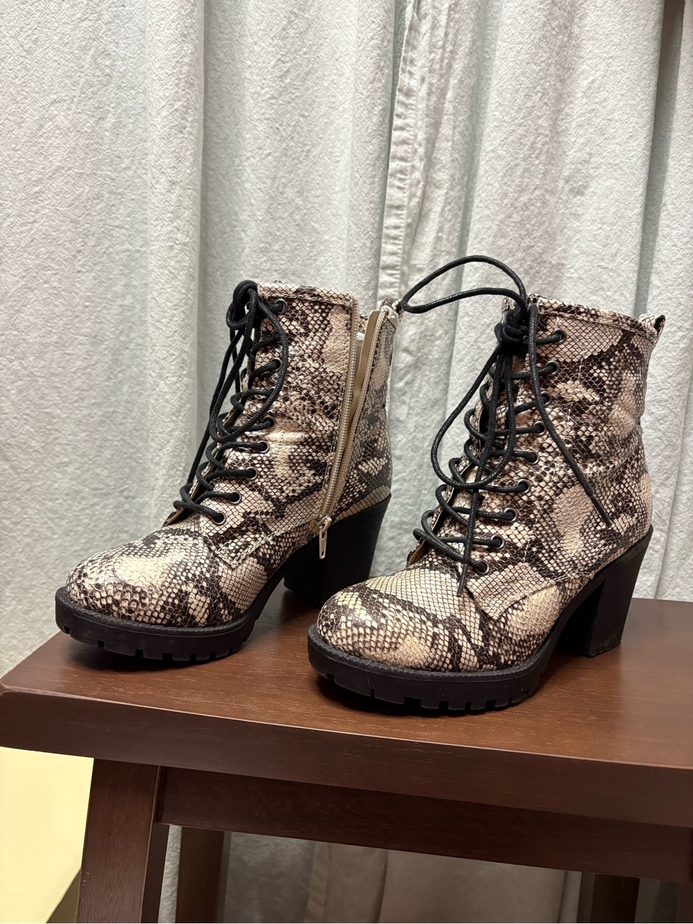 Zigi Soho Beige and Black Snake-Print Lace-Up Block Heel Boots
